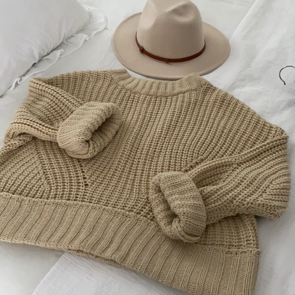 Tan crochet knit loose fit Crew Neck Sweater